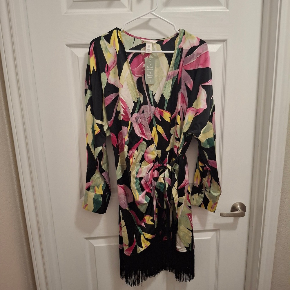 HM Tropical Floral Wrap Mini Dress Black Pink Fringe Hem Long Sleeve Size M